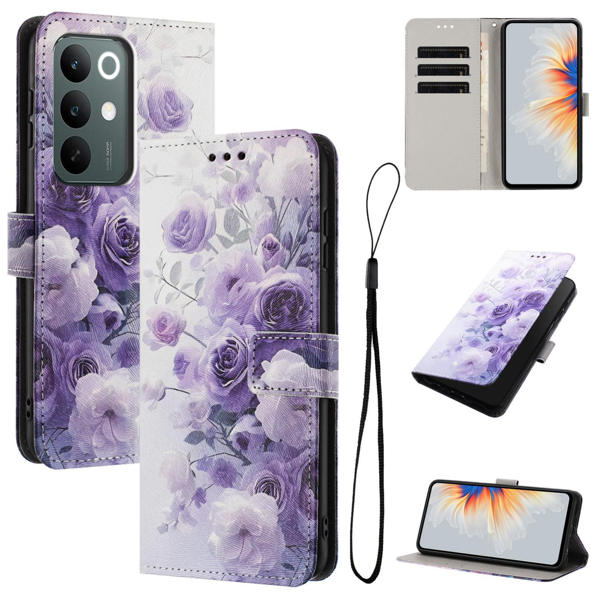 For Realme C100 / C100i / C100x 4G Color Drawing Pattern Leather Phone Case - Purple Rose - EDA008043727E