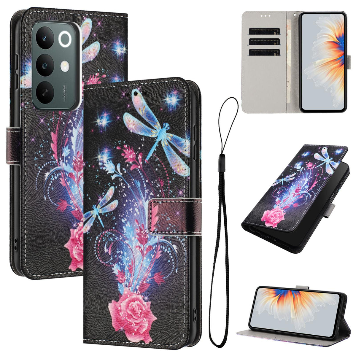 For Realme C100 / C100i / C100x 4G Color Drawing Pattern Leather Phone Case - Dragonfly - EDA008043727F