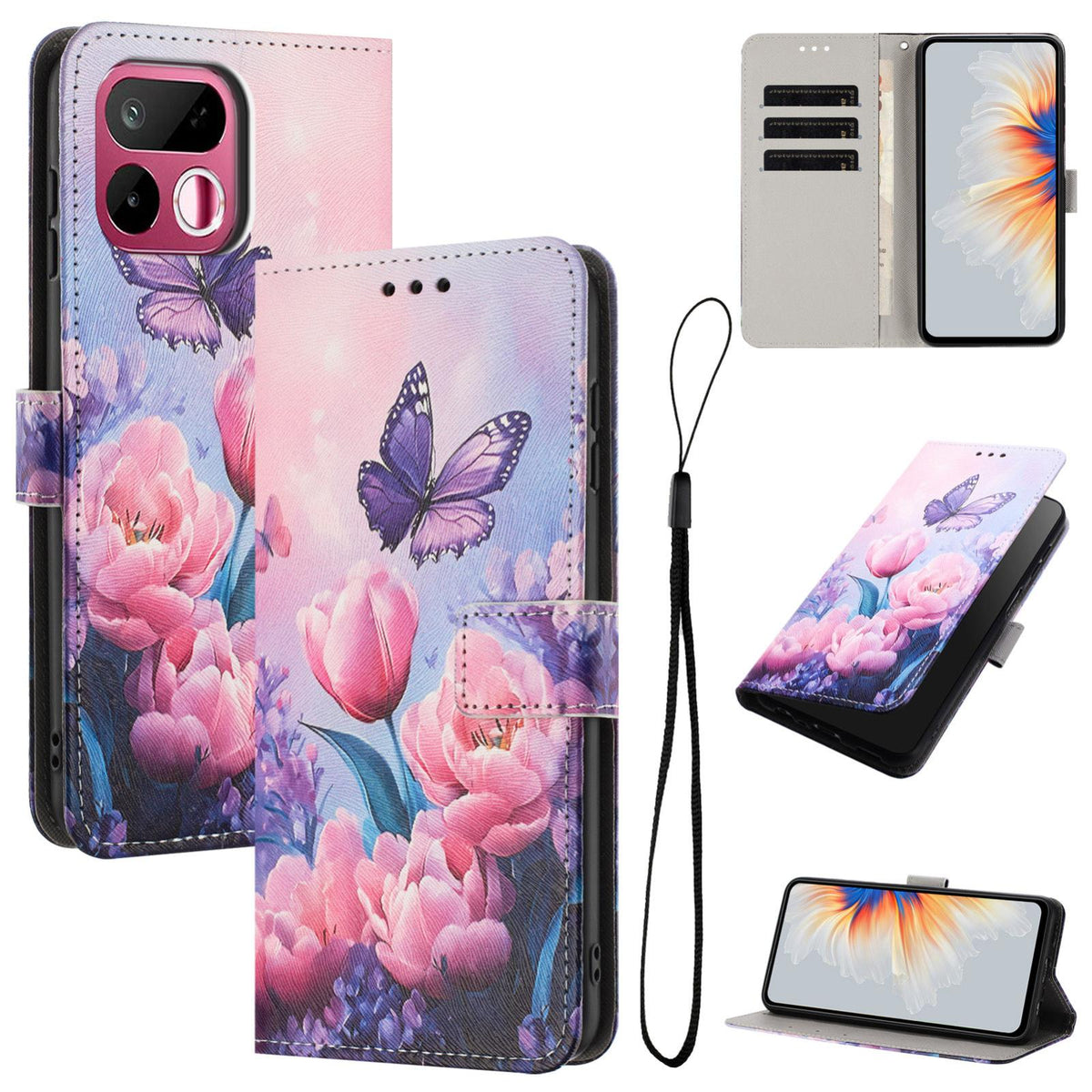 For Realme 16T 5G Color Drawing Pattern Leather Phone Case - Pink Butterfly - EDA008043728B