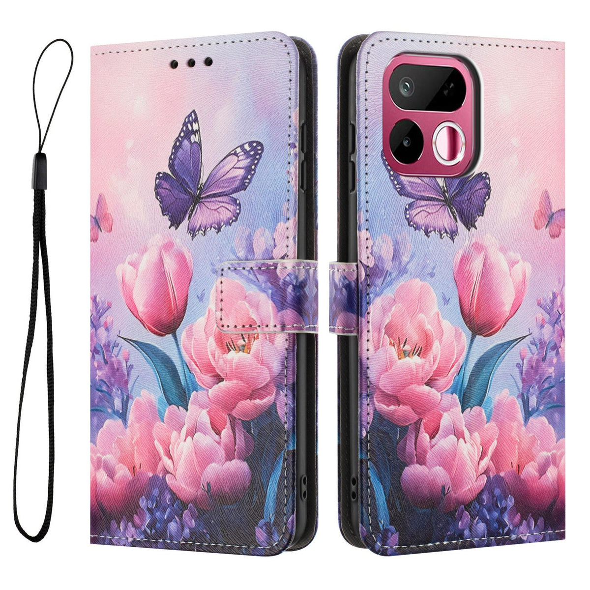 For Realme 16T 5G Color Drawing Pattern Leather Phone Case - Pink Butterfly - EDA008043728B