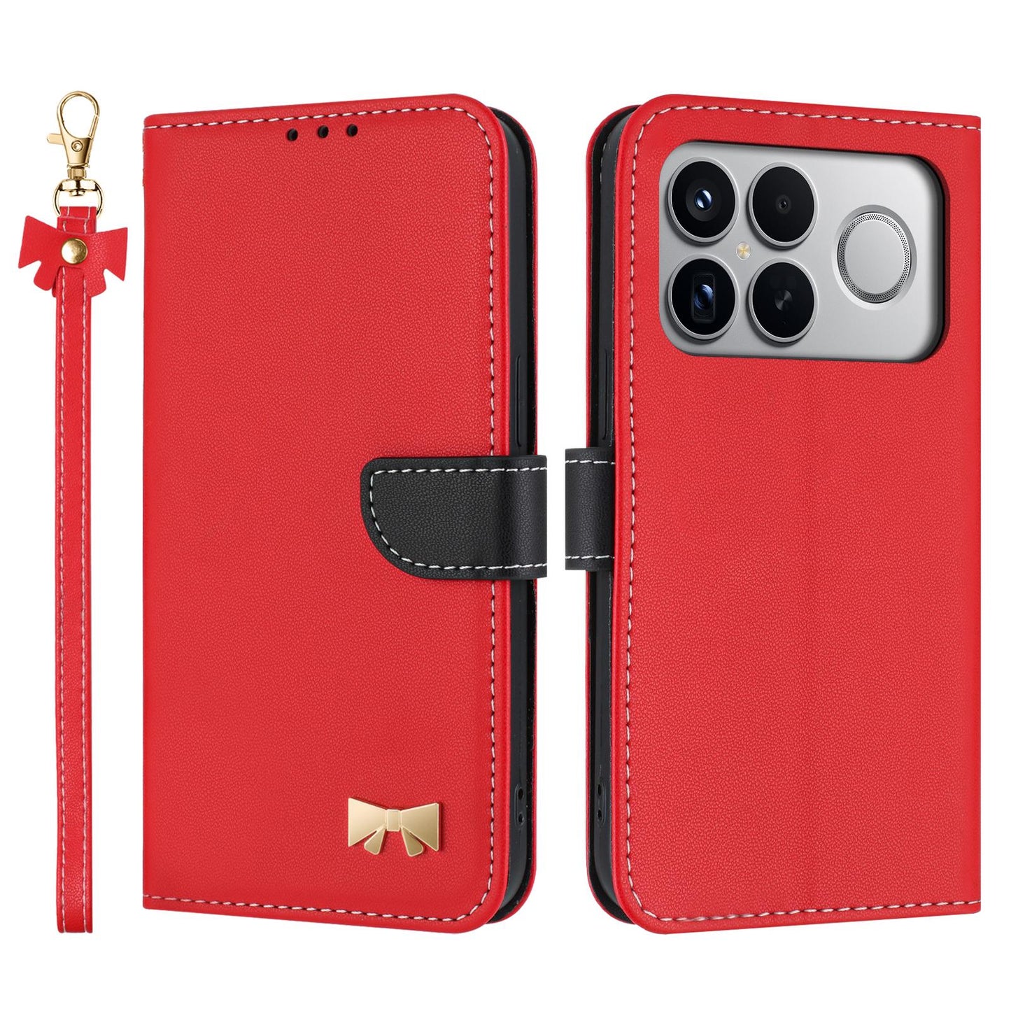 For Redmi K90 Pro Max / Poco F8 Ultra Metal Bow Leather Phone Case with Hand Strap(Red)