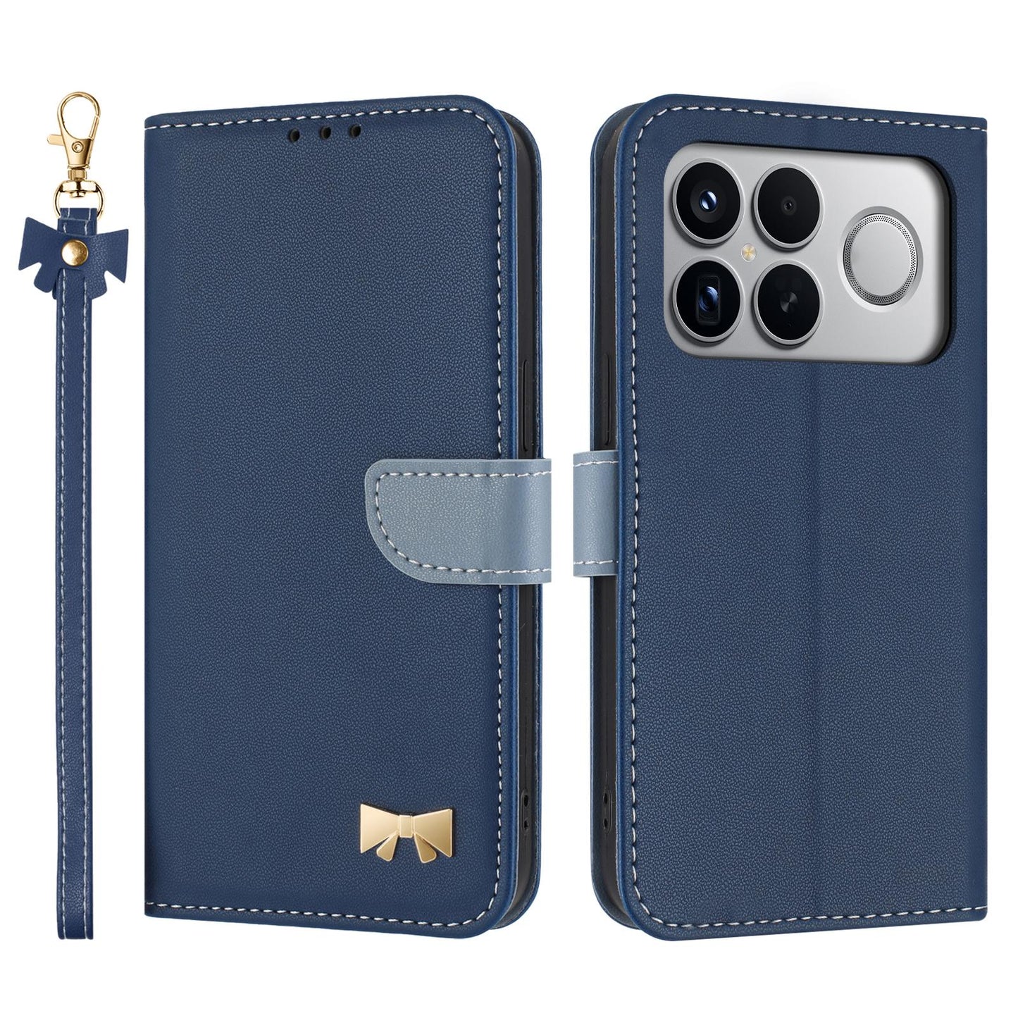 For Redmi K90 Pro Max / Poco F8 Ultra Metal Bow Leather Phone Case with Hand Strap(Dark Blue)