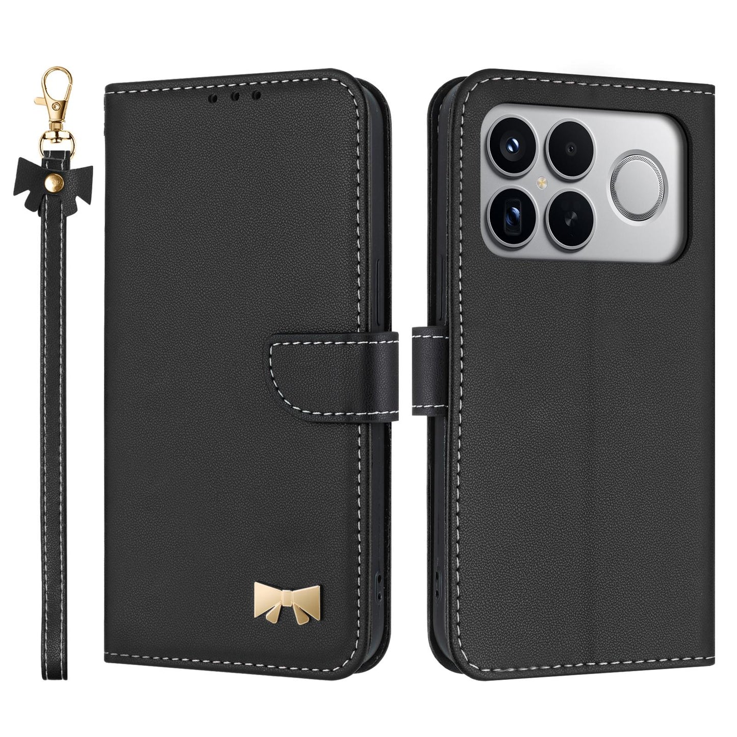 For Redmi K90 Pro Max / Poco F8 Ultra Metal Bow Leather Phone Case with Hand Strap(Black)