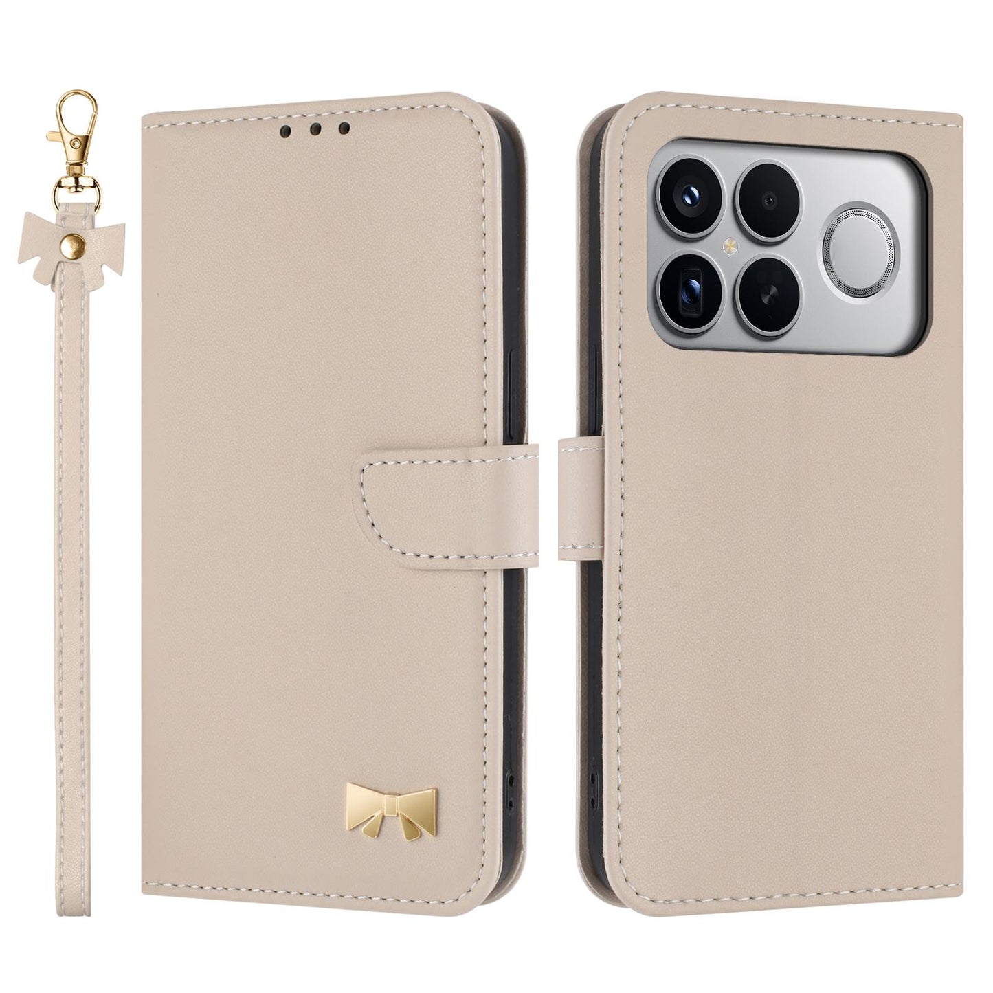 For Redmi K90 Pro Max / Poco F8 Ultra Metal Bow Leather Phone Case with Hand Strap(Apricot)