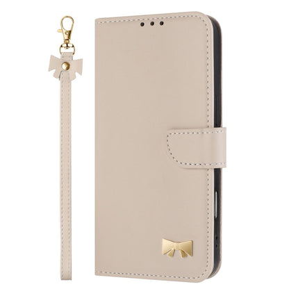 For Redmi K90 Pro Max / Poco F8 Ultra Metal Bow Leather Phone Case with Hand Strap(Apricot)