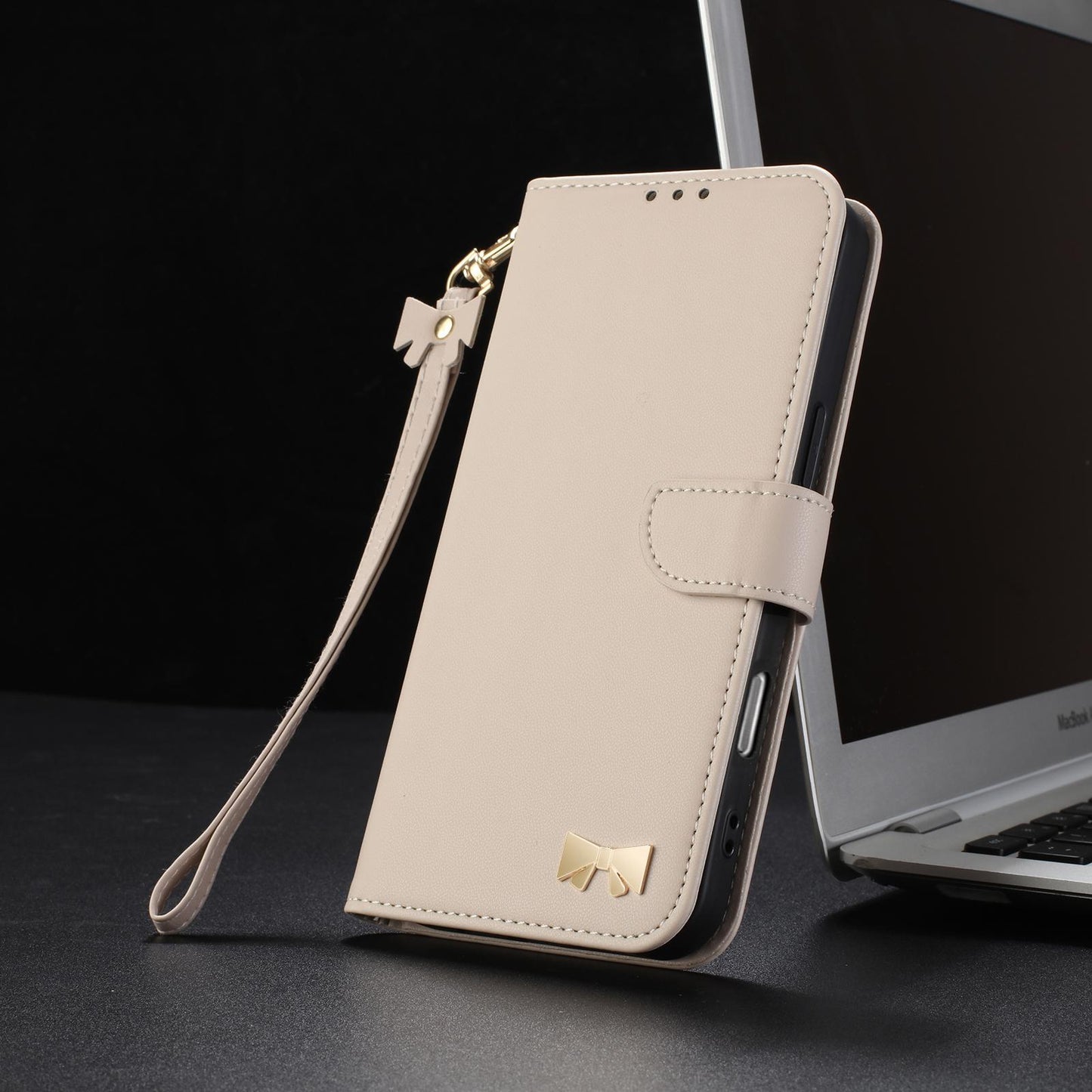 For Redmi K90 Pro Max / Poco F8 Ultra Metal Bow Leather Phone Case with Hand Strap(Apricot)