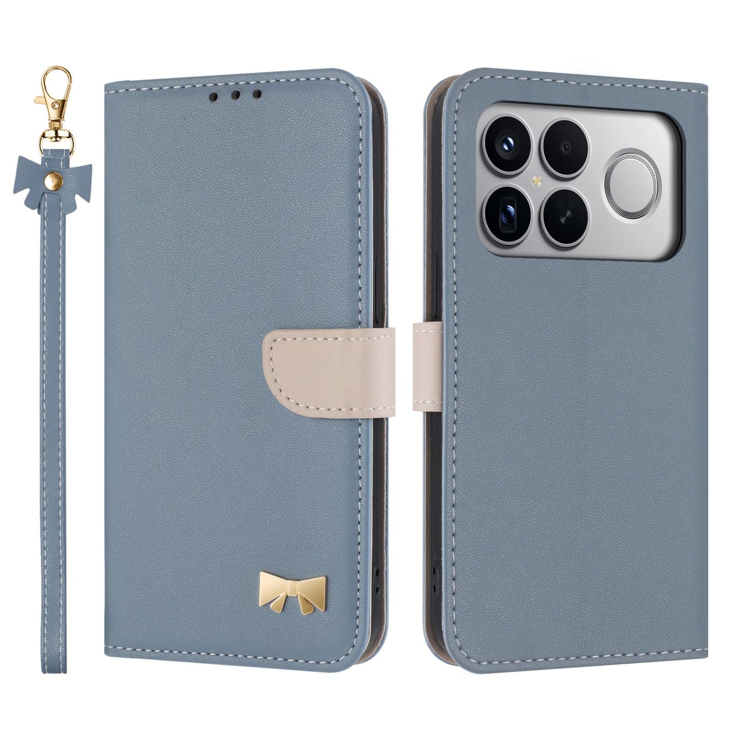 For Redmi K90 Pro Max / Poco F8 Ultra Metal Bow Leather Phone Case with Hand Strap(Light Blue)