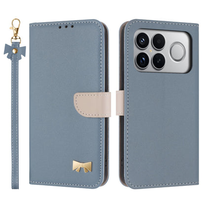For Redmi K90 Pro Max / Poco F8 Ultra Metal Bow Leather Phone Case with Hand Strap(Light Blue)