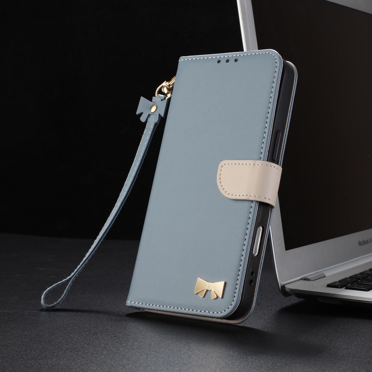 For Redmi K90 Pro Max / Poco F8 Ultra Metal Bow Leather Phone Case with Hand Strap(Light Blue)