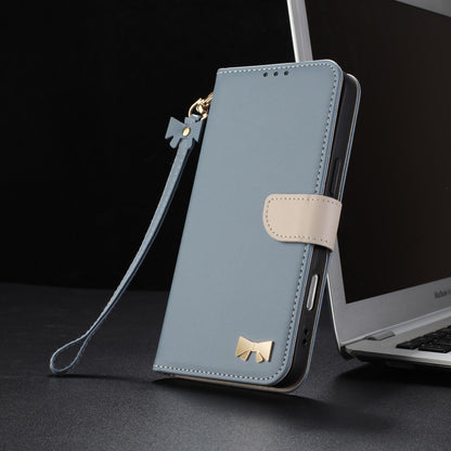 For Redmi K90 Pro Max / Poco F8 Ultra Metal Bow Leather Phone Case with Hand Strap(Light Blue)