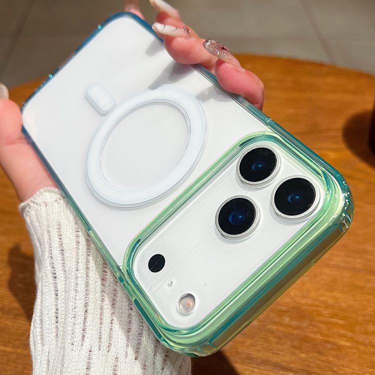 For iPhone 18 Pro Contrast Color Gradient Transparent MagSafe Phone Case - Green + Blue - EDA008111827C