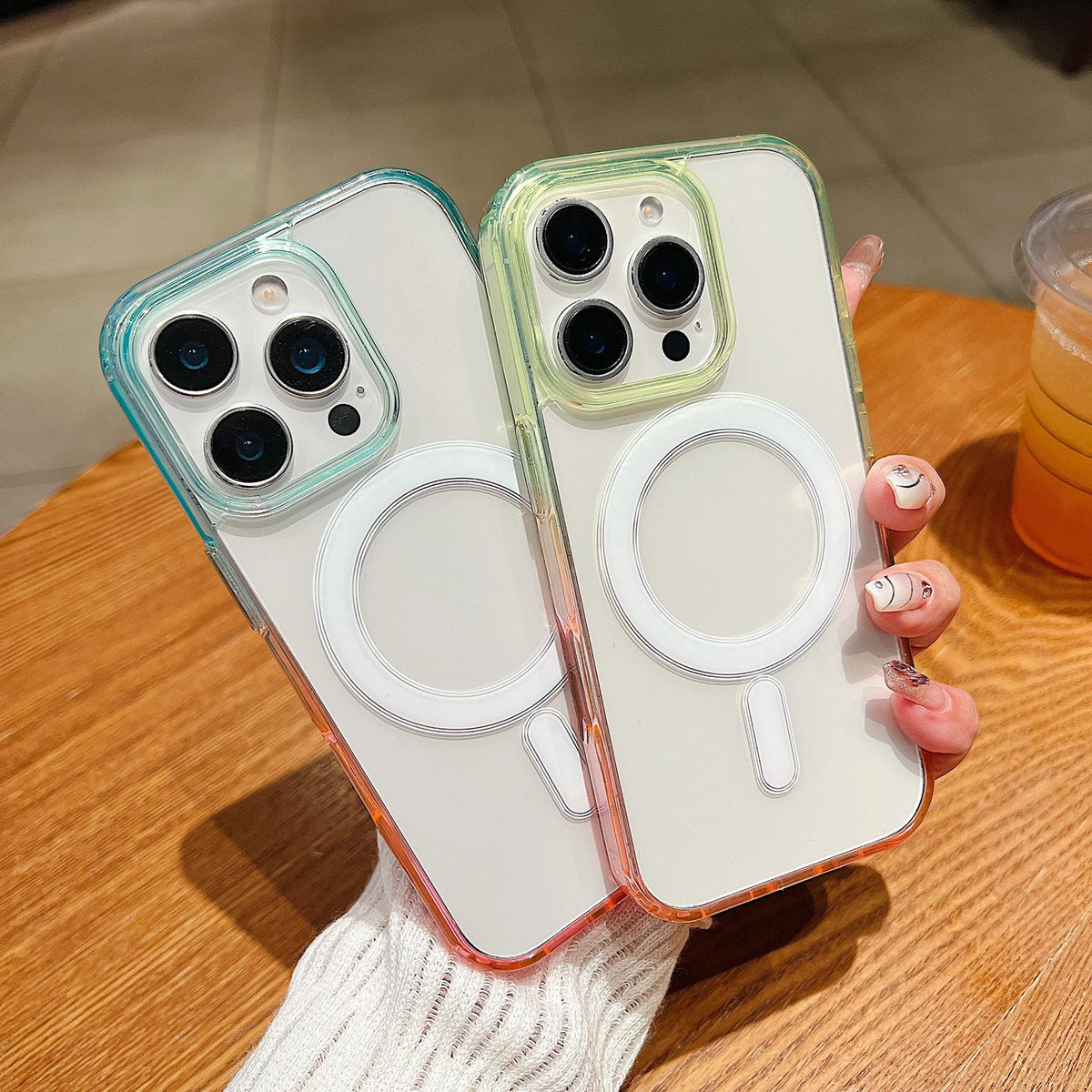 For iPhone 18 Pro Contrast Color Gradient Transparent MagSafe Phone Case - Blue Green + Pink - EDA008111827A
