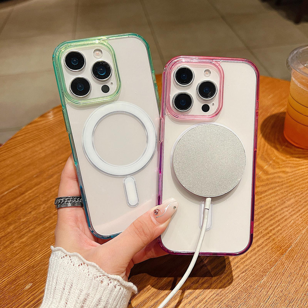 For iPhone 18 Pro Contrast Color Gradient Transparent MagSafe Phone Case - Blue Green + Pink - EDA008111827A