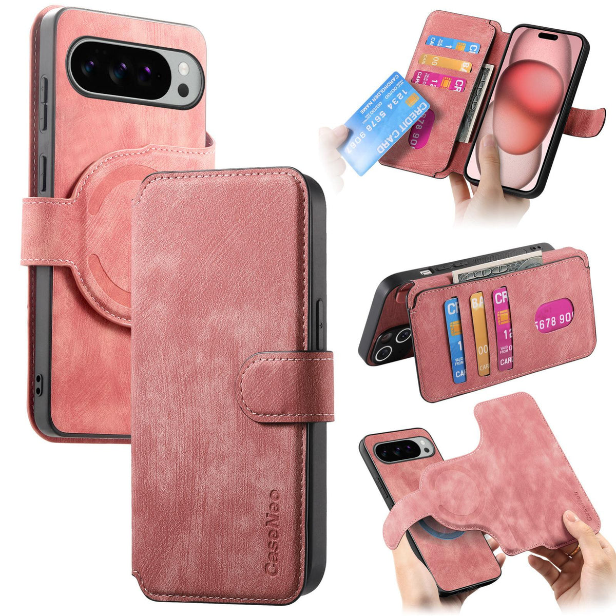 For Google Pixel 11 Pro XL CaseNeo MagSafe RFID Anti-theft Retro Leather Phone Case - Pink - EDA008112505E
