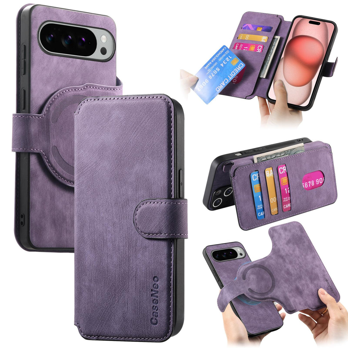 For Google Pixel 11 Pro XL CaseNeo MagSafe RFID Anti-theft Retro Leather Phone Case - Purple - EDA008112505F