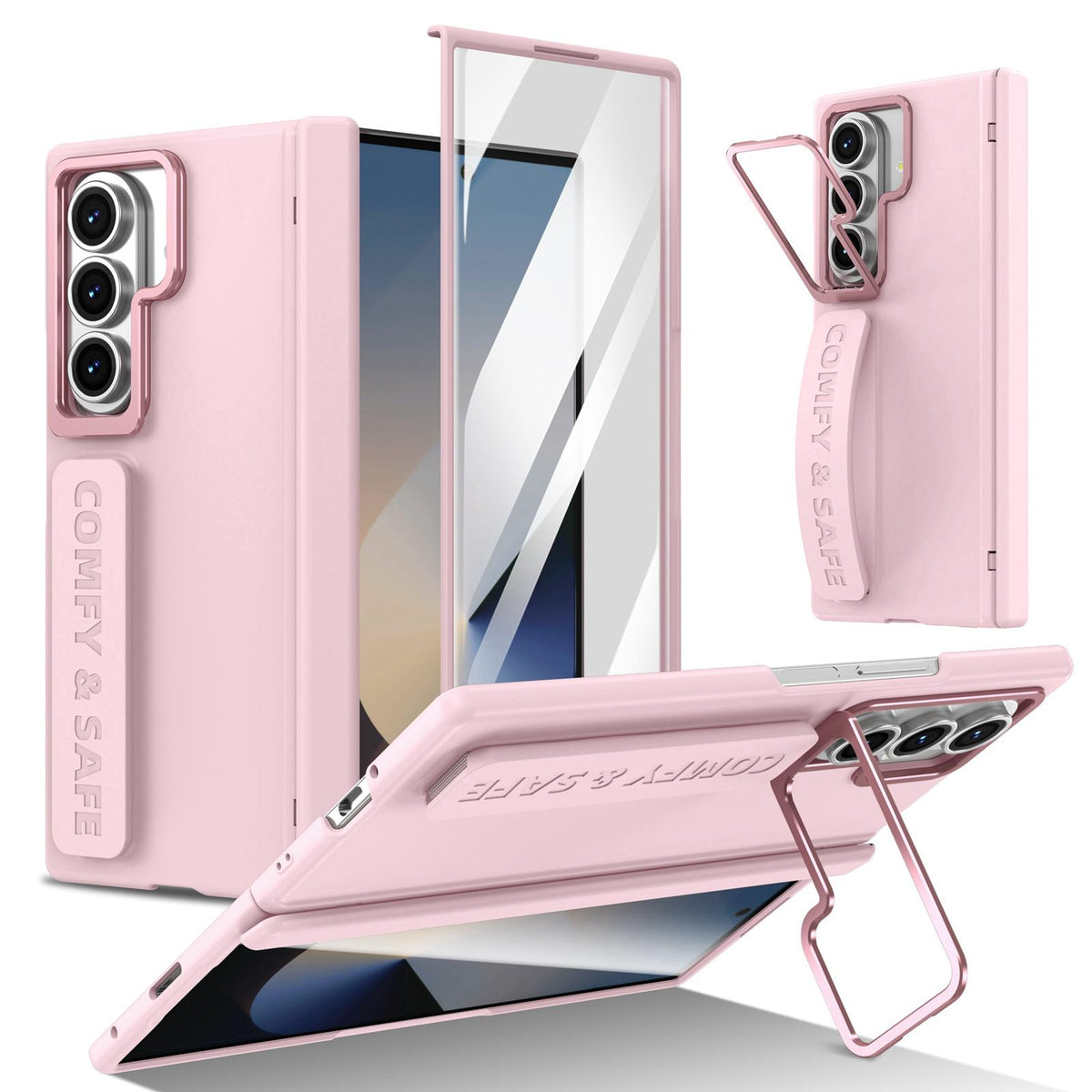 For Galaxy Z Fold8 Ultra 5G Film Integrated Lens Frame Bracket Phone Case with Wristband - Pink - EDA008133605A