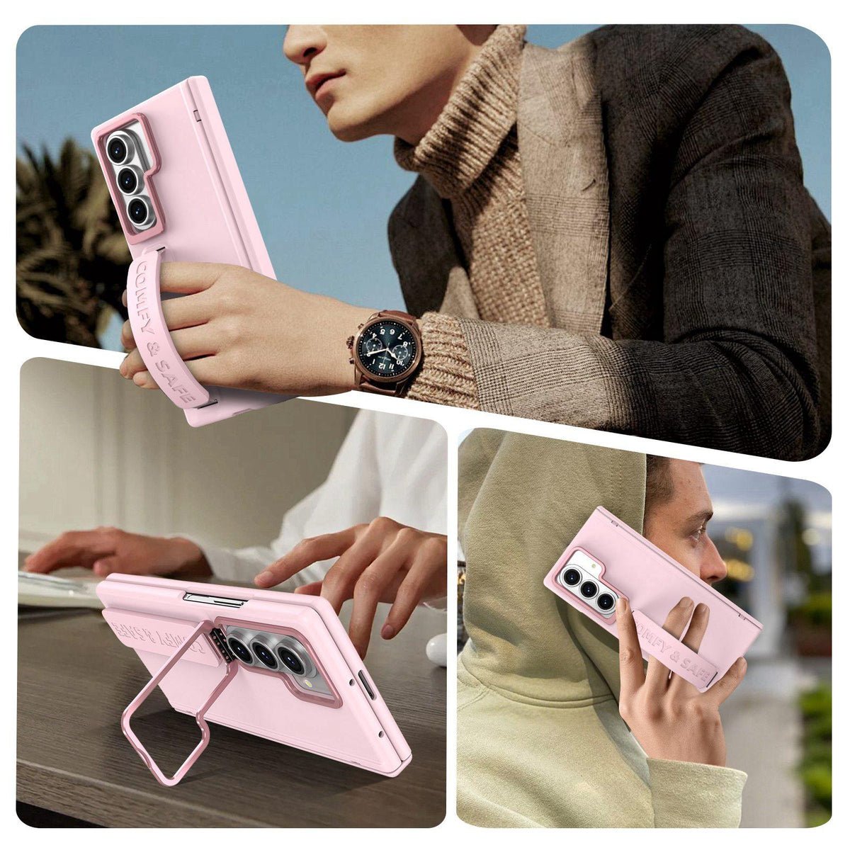For Galaxy Z Fold8 Ultra 5G Film Integrated Lens Frame Bracket Phone Case with Wristband - Pink - EDA008133605A
