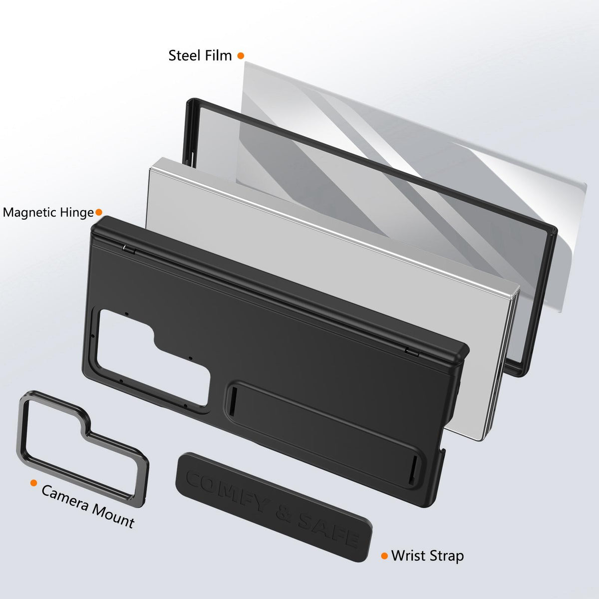 For Galaxy Z Fold8 Ultra 5G Film Integrated Lens Frame Bracket Phone Case with Wristband - Black - EDA008133605B