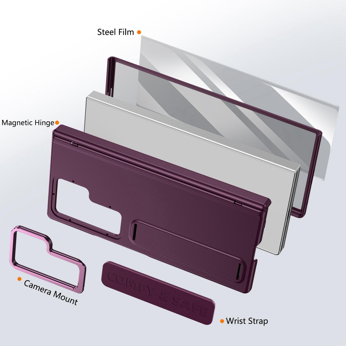 For Galaxy Z Fold8 Ultra 5G Film Integrated Lens Frame Bracket Phone Case with Wristband - Wine Red - EDA008133605D