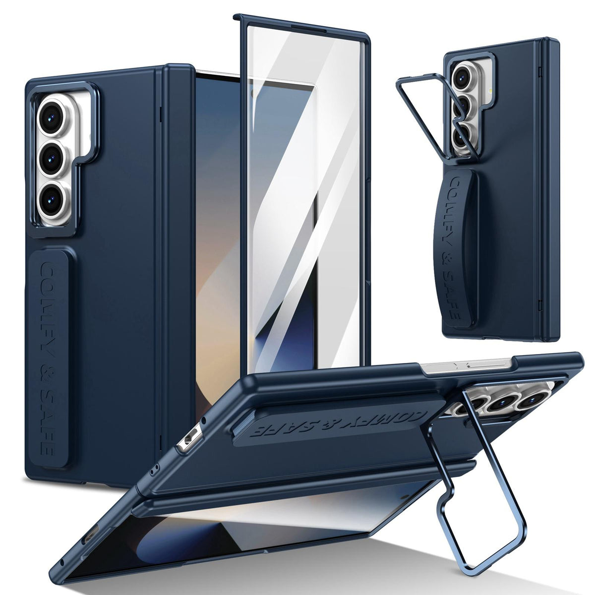 For Galaxy Z Fold8 Ultra 5G Film Integrated Lens Frame Bracket Phone Case with Wristband - Dark Blue - EDA008133605E