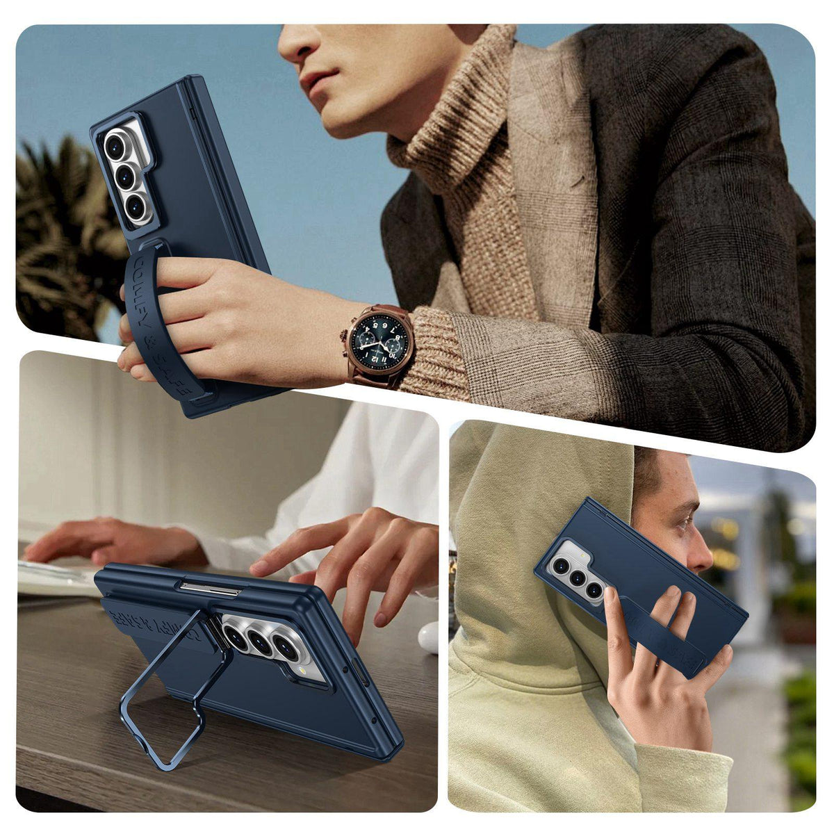 For Galaxy Z Fold8 Ultra 5G Film Integrated Lens Frame Bracket Phone Case with Wristband - Dark Blue - EDA008133605E