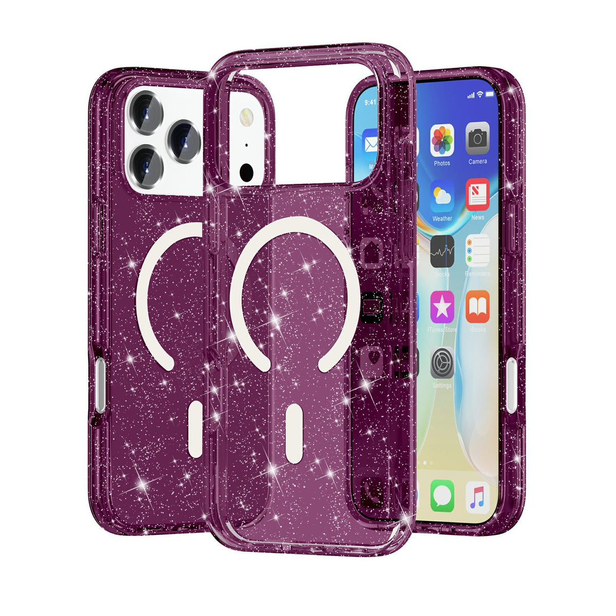 For iPhone 18 Pro / 17 Pro Terminator Style Glitter Powder MagSafe Magnetic Phone Case - Cherry Red - EDA008136702I