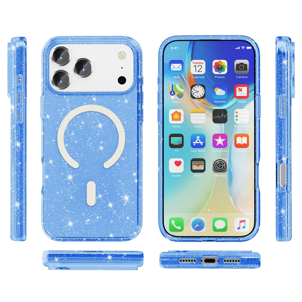 For iPhone 18 Pro / 17 Pro Terminator Style Glitter Powder MagSafe Magnetic Phone Case - Blue - EDA008136702J