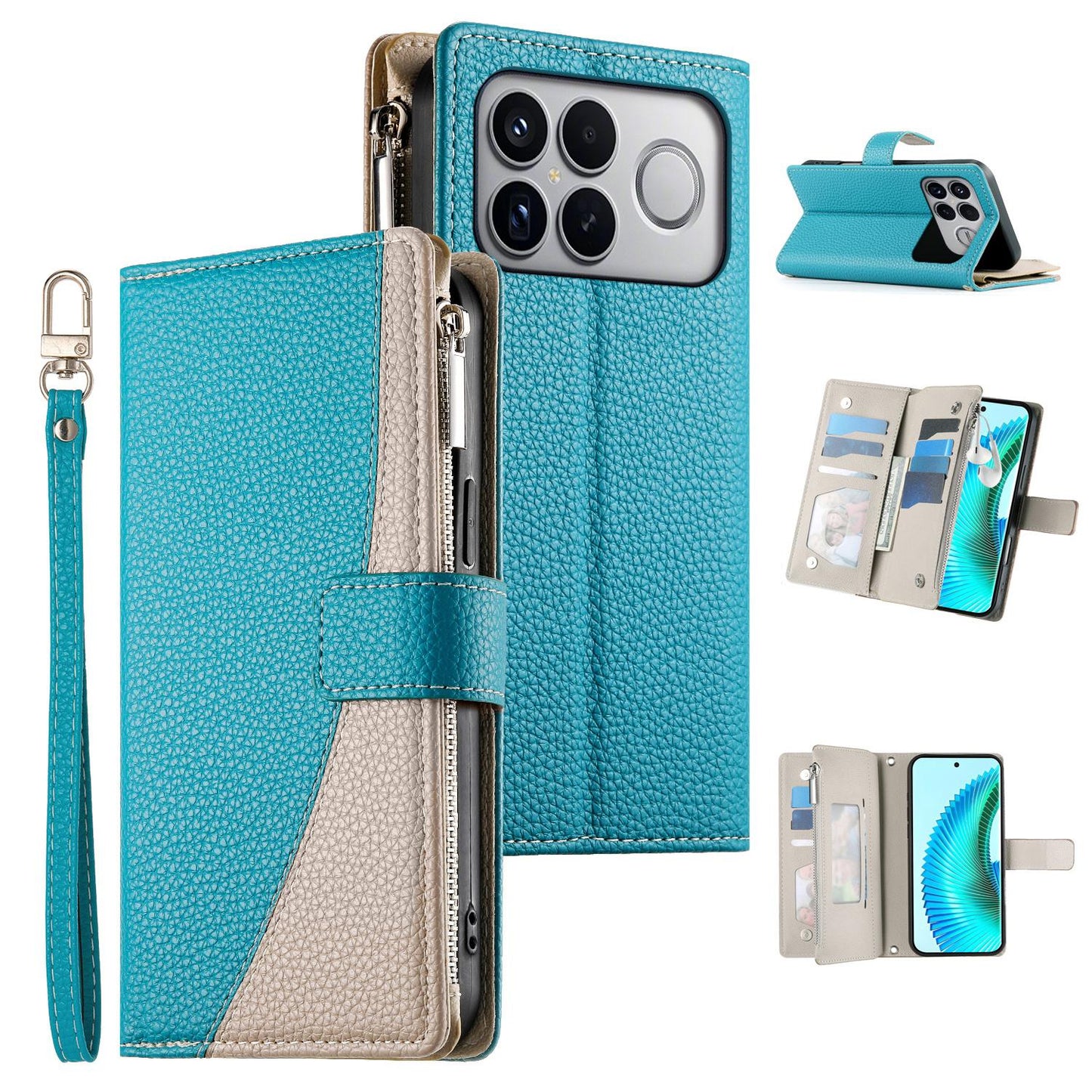 For Redmi K90 Pro Max / Poco F8 Ultra 5G Stitching Multi-card Zipper Wallet Leather Phone Case with Short Strap(Blue)