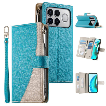 For Redmi K90 Pro Max / Poco F8 Ultra 5G Stitching Multi-card Zipper Wallet Leather Phone Case with Short Strap(Blue)