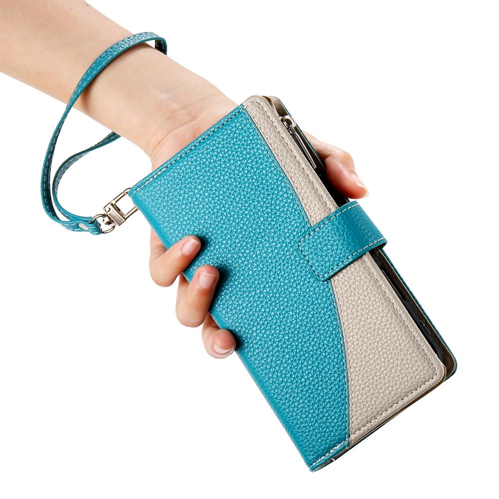 For Redmi K90 Pro Max / Poco F8 Ultra 5G Stitching Multi-card Zipper Wallet Leather Phone Case with Short Strap(Blue)