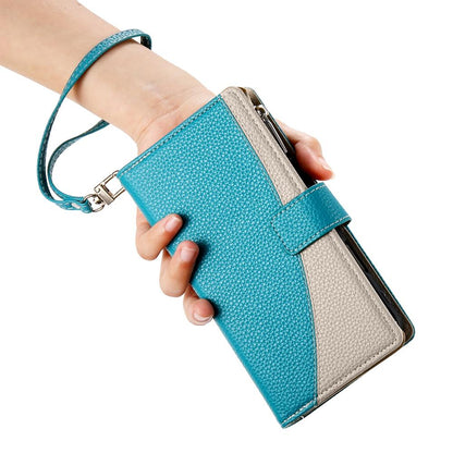 For Redmi K90 Pro Max / Poco F8 Ultra 5G Stitching Multi-card Zipper Wallet Leather Phone Case with Short Strap(Blue)