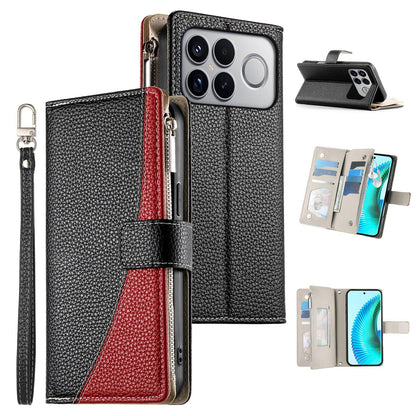 For Redmi K90 Pro Max / Poco F8 Ultra 5G Stitching Multi-card Zipper Wallet Leather Phone Case with Short Strap(Black)