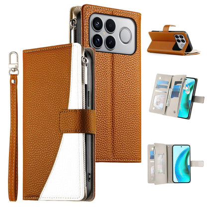 For Redmi K90 Pro Max / Poco F8 Ultra 5G Stitching Multi-card Zipper Wallet Leather Phone Case with Short Strap(Brown)