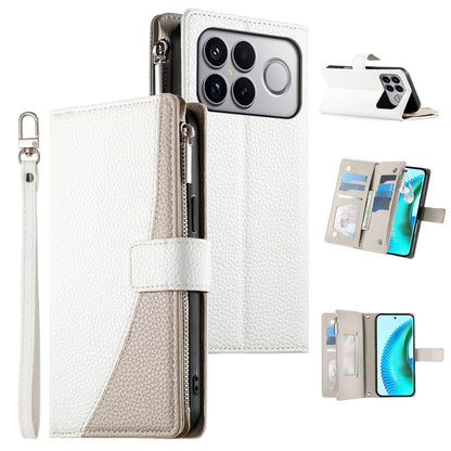 For Redmi K90 Pro Max / Poco F8 Ultra 5G Stitching Multi-card Zipper Wallet Leather Phone Case with Short Strap(White)