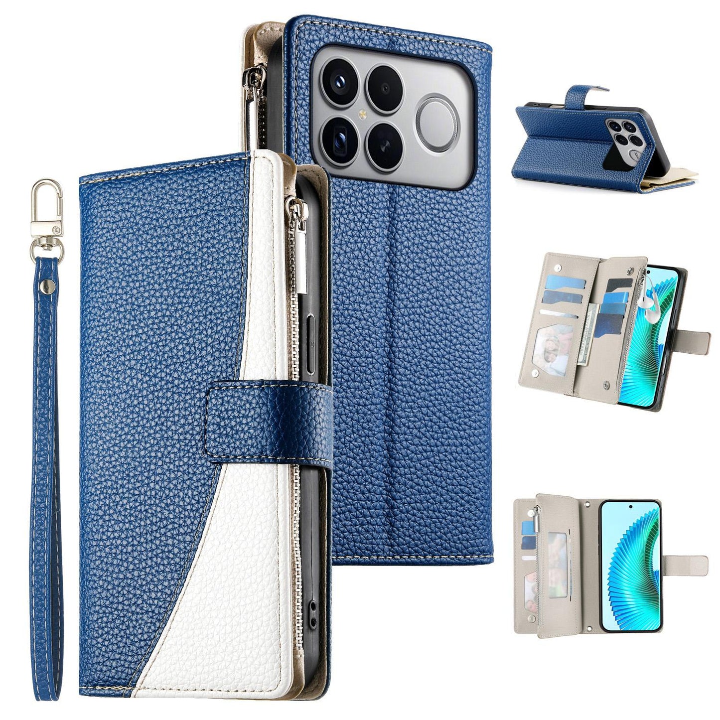 For Redmi K90 Pro Max / Poco F8 Ultra 5G Stitching Multi-card Zipper Wallet Leather Phone Case with Short Strap(Dark Blue)