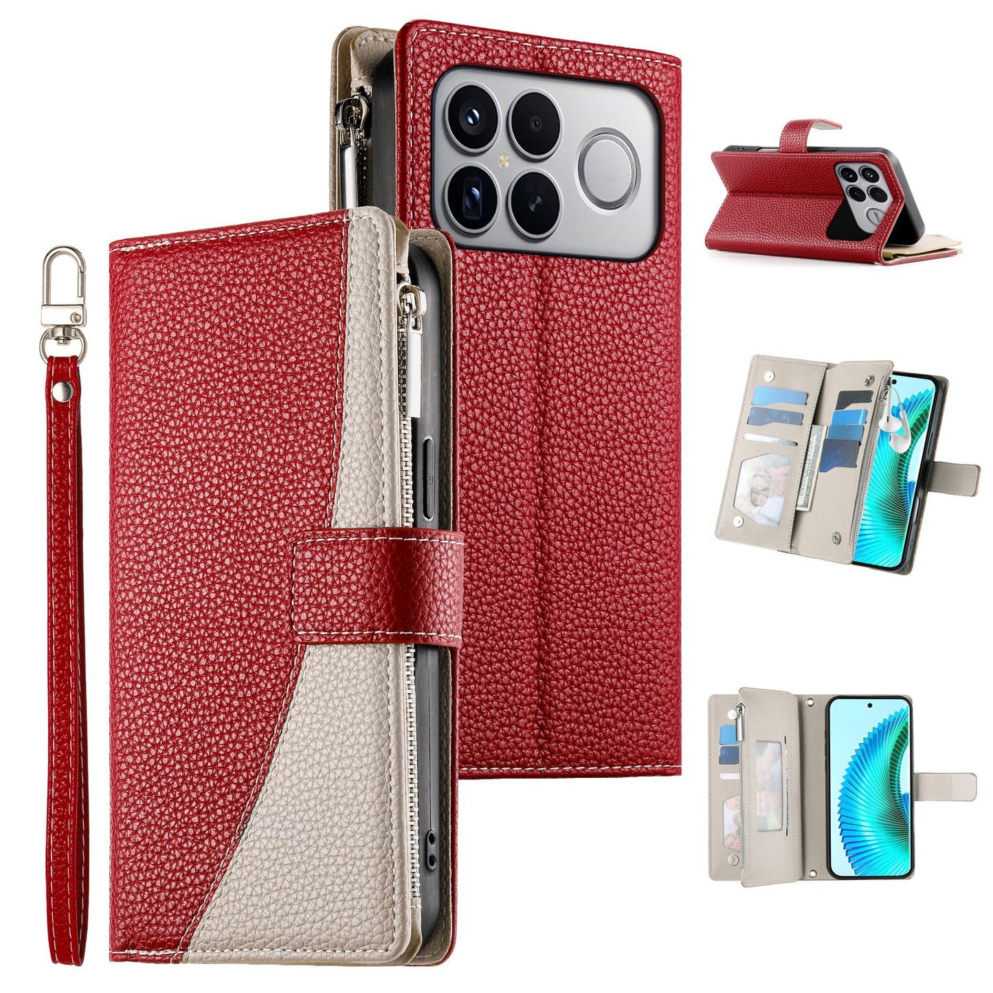 For Redmi K90 Pro Max / Poco F8 Ultra 5G Stitching Multi-card Zipper Wallet Leather Phone Case with Short Strap(Red)