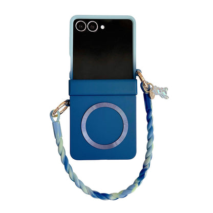 For Galaxy Z Flip8 5G Integrated Hinge Side Buckle MagSafe Skin Feel PC Phone Case with Strap - Light Blue Navy - EDA008308702B