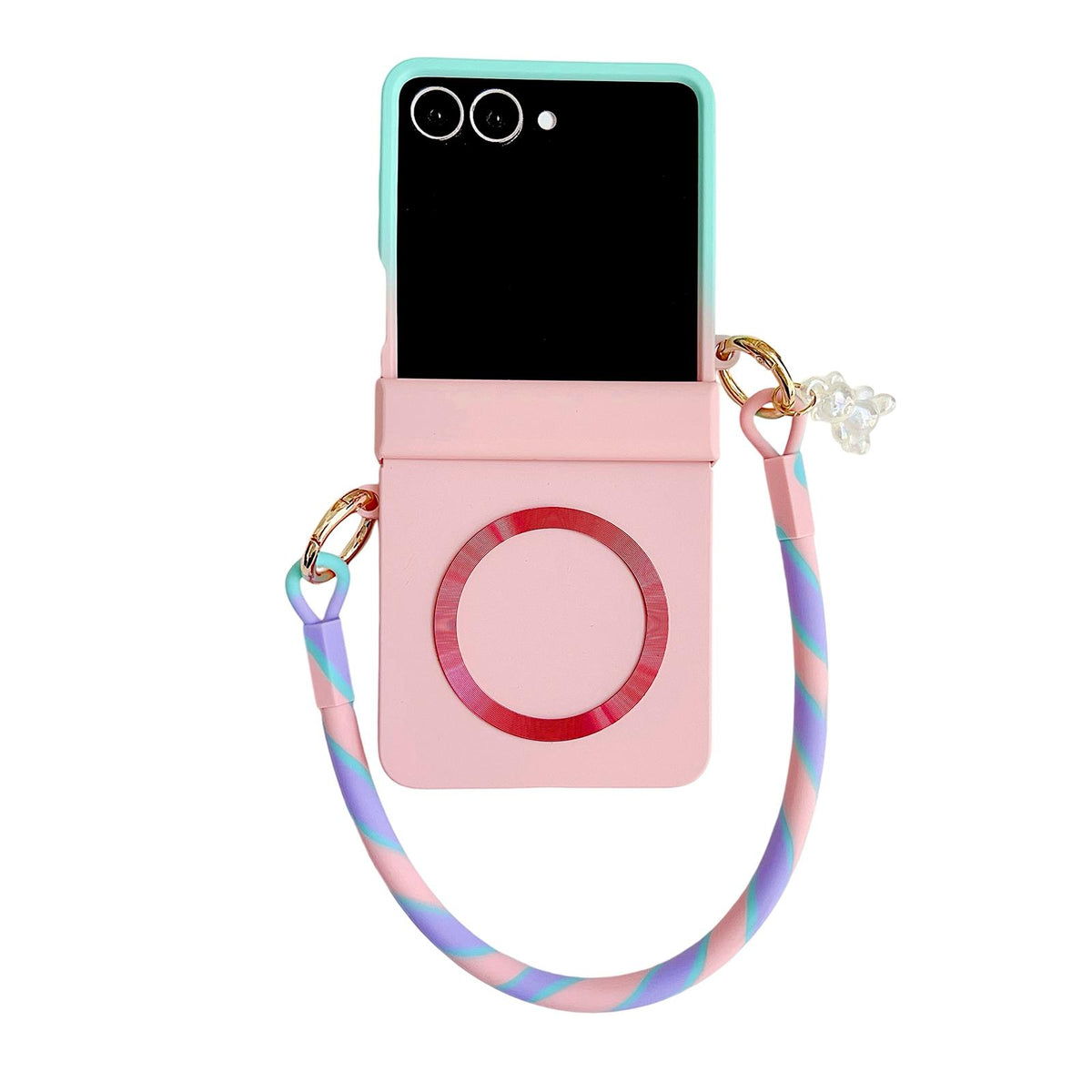 For Galaxy Z Flip8 5G Integrated Hinge Side Buckle MagSafe Skin Feel PC Phone Case with Strap - Gradient Blue Pink - EDA008308702C
