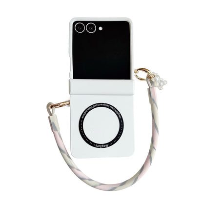 For Galaxy Z Flip8 5G Integrated Hinge Side Buckle MagSafe Skin Feel PC Phone Case with Strap - White - EDA008308702D