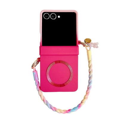 For Galaxy Z Flip8 5G Integrated Hinge Side Buckle MagSafe Skin Feel PC Phone Case with Strap - Rose Red - EDA008308702F
