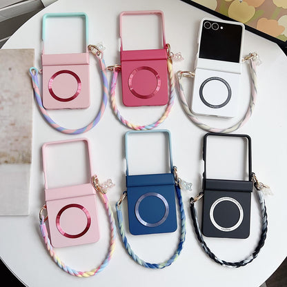For Galaxy Z Flip8 5G Integrated Hinge Side Buckle MagSafe Skin Feel PC Phone Case with Strap - Black - EDA008308702A