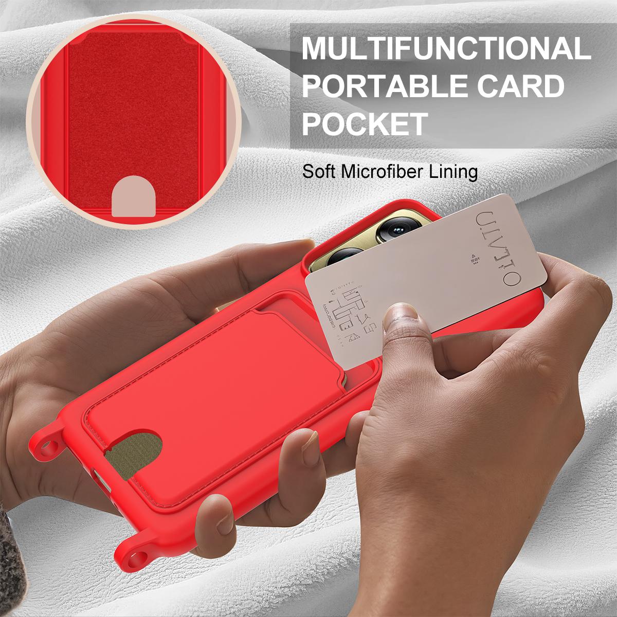 For Motorola Signature 5G / Edge 70 Ultra Integrated Card Bag Solid Color Liquid Silicone Phone Case Gen2 with Short Lanyard - Red - EDA008358918A