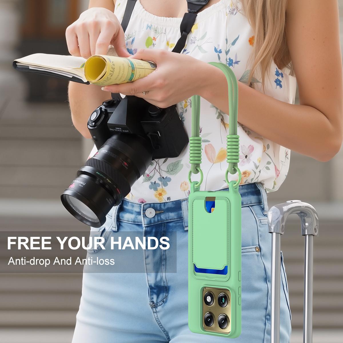 For Motorola Signature 5G / Edge 70 Ultra Integrated Card Bag Solid Color Liquid Silicone Phone Case Gen2 with Short Lanyard - Green - EDA008358918B