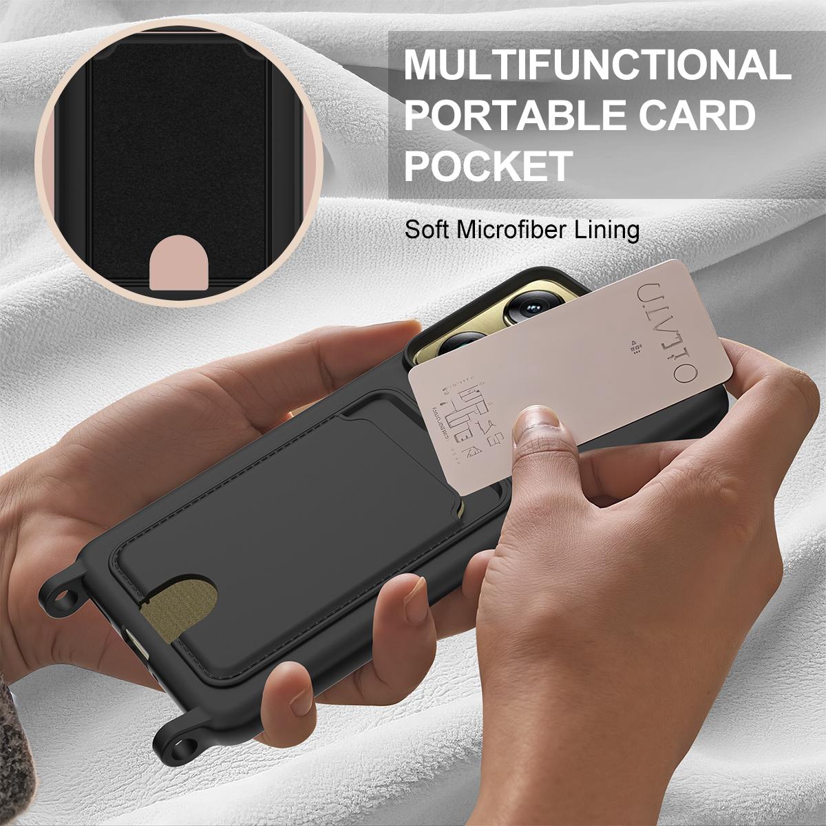 For Motorola Signature 5G / Edge 70 Ultra Integrated Card Bag Solid Color Liquid Silicone Phone Case Gen2 with Short Lanyard - Black - EDA008358918C