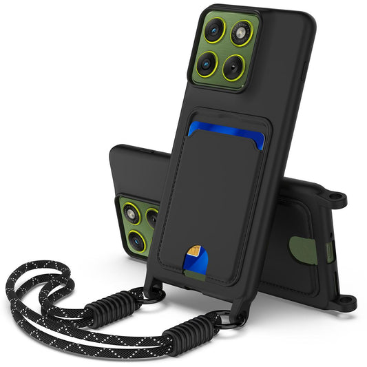For Motorola Edge 70 Pro / 70 Pro+ 5G Integrated Card Bag Solid Color Liquid Silicone Phone Case Gen2 with Short Lanyard - Black - EDA008358919C