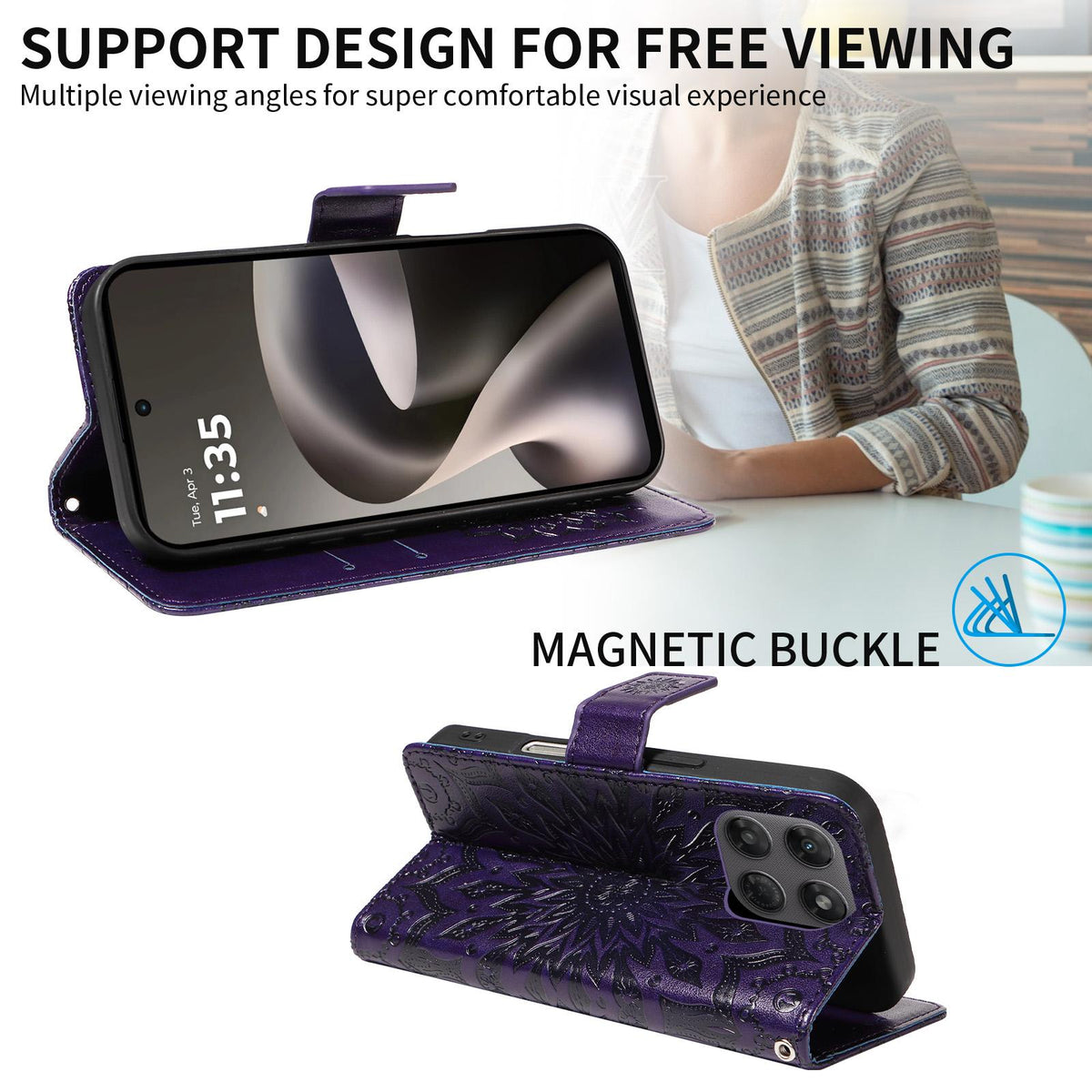 For Motorola Moto G37 / G37 Power 5G Embossed Sunflower Pattern Flip Leather Phone Case - Purple - EDA008365207A