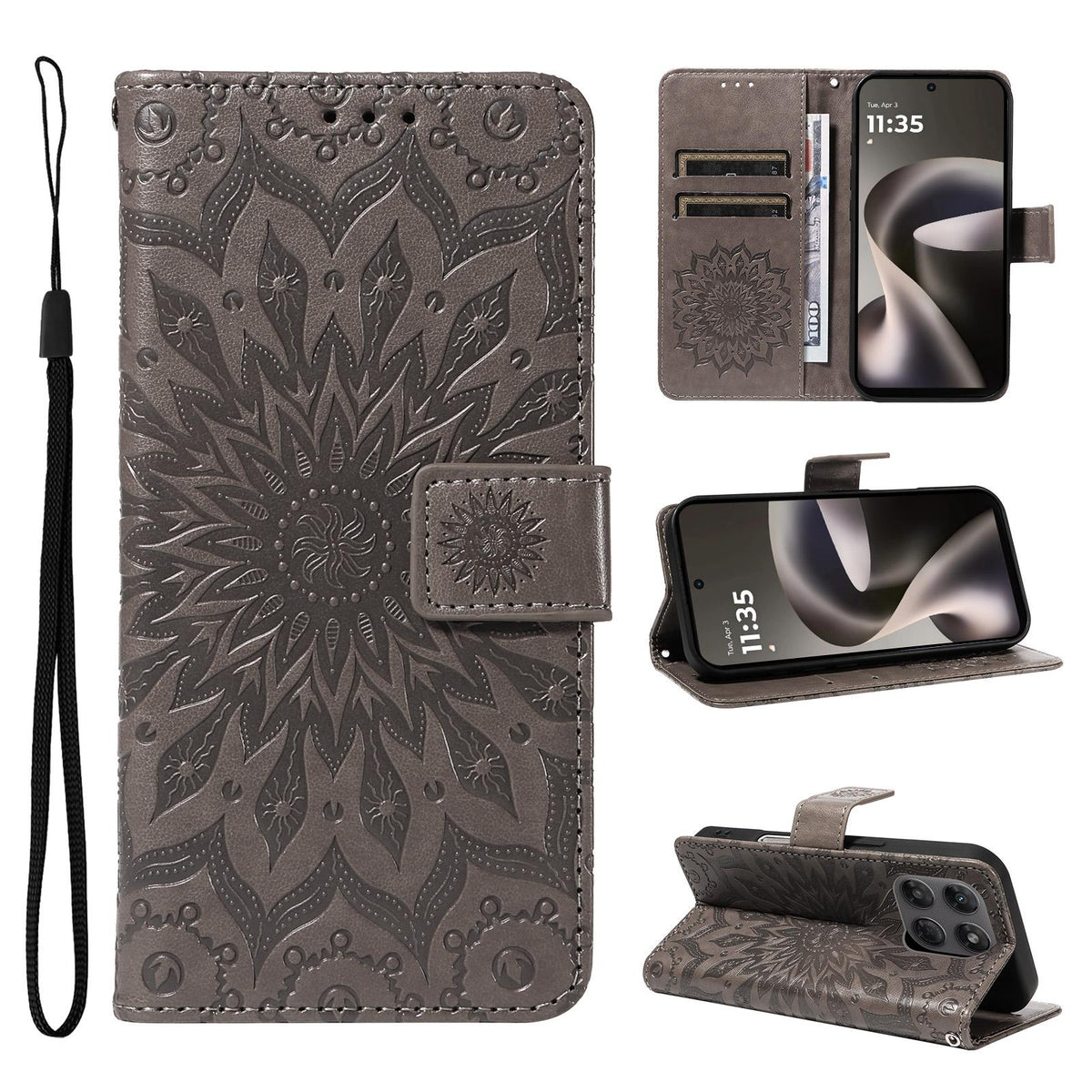 For Motorola Moto G37 / G37 Power 5G Embossed Sunflower Pattern Flip Leather Phone Case - Grey - EDA008365207C