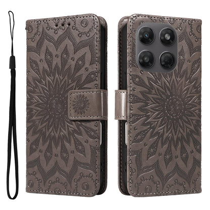 For Motorola Moto G37 / G37 Power 5G Embossed Sunflower Pattern Flip Leather Phone Case - Grey - EDA008365207C