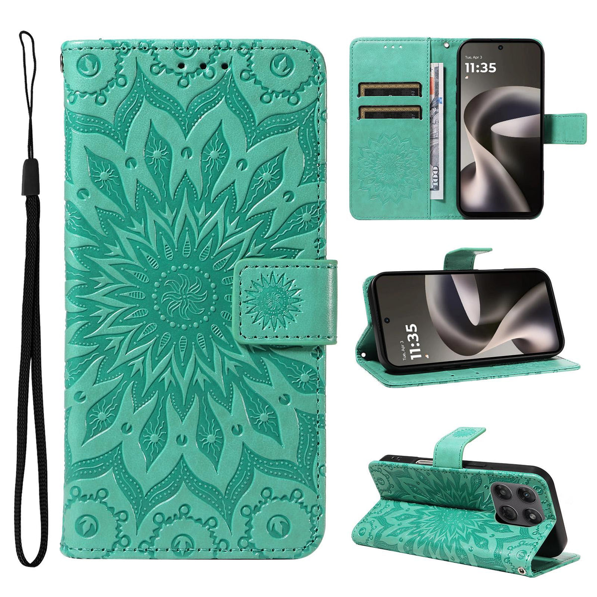 For Motorola Moto G37 / G37 Power 5G Embossed Sunflower Pattern Flip Leather Phone Case - Green - EDA008365207F
