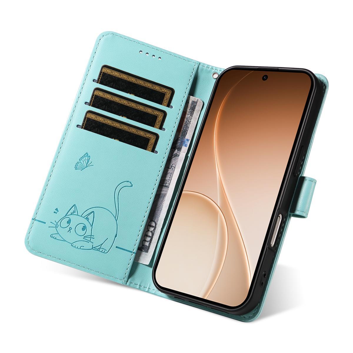 For Realme 16T 5G Adorable Cat Embossed Pattern Flip Leather Phone Case - Green - EDA008367007A